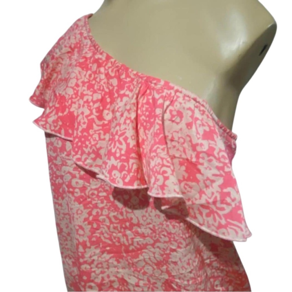 American Eagle Outfitters Pink and White Asymmetrical Ruffled Blouse